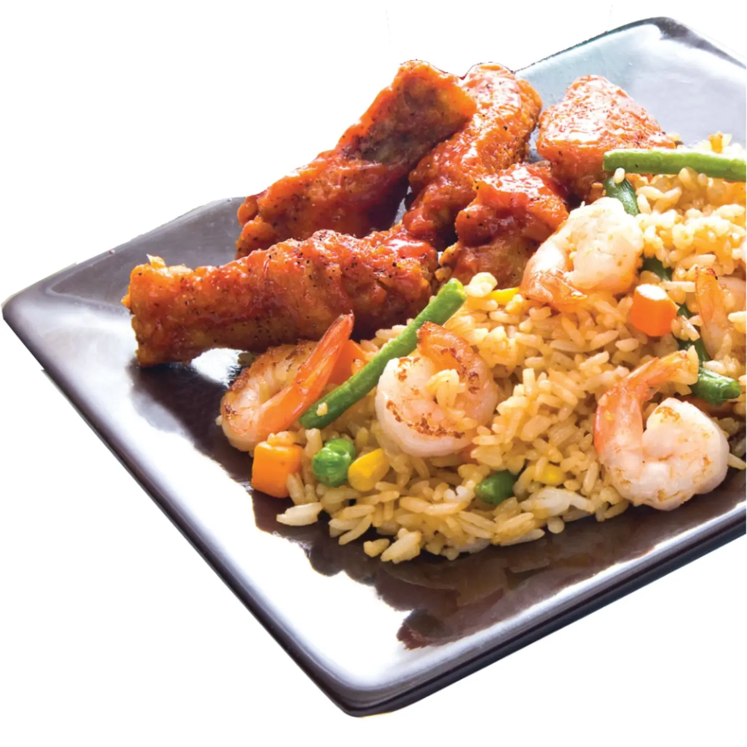 Spicy glazed ribs served with shrimp & veggie fried rice at Chicken Factory, a Fast - Food Restaurant in Riverdale