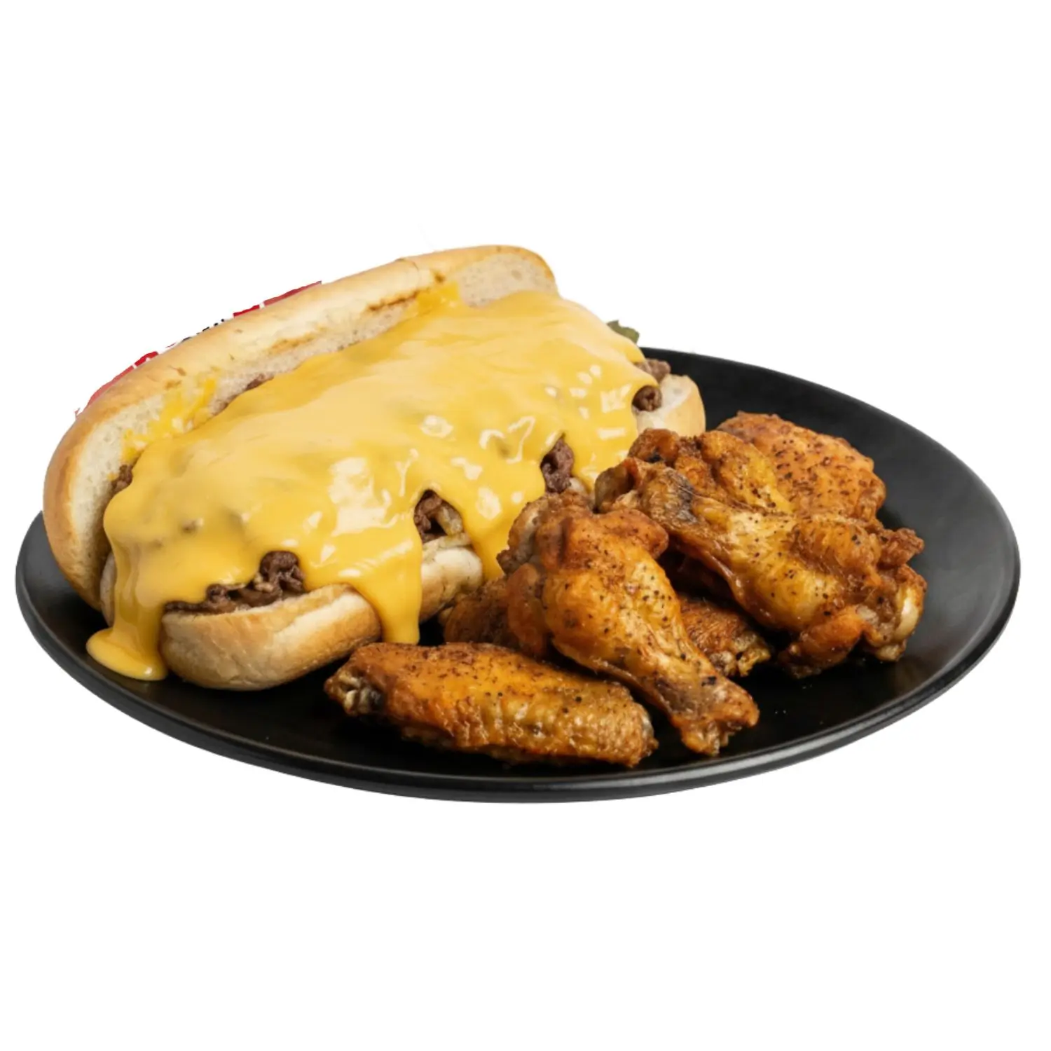 Cheesesteak sandwich with melted cheese & seasoned chicken wings at Chicken Factory, a Fast - Food Restaurant in Riverdale