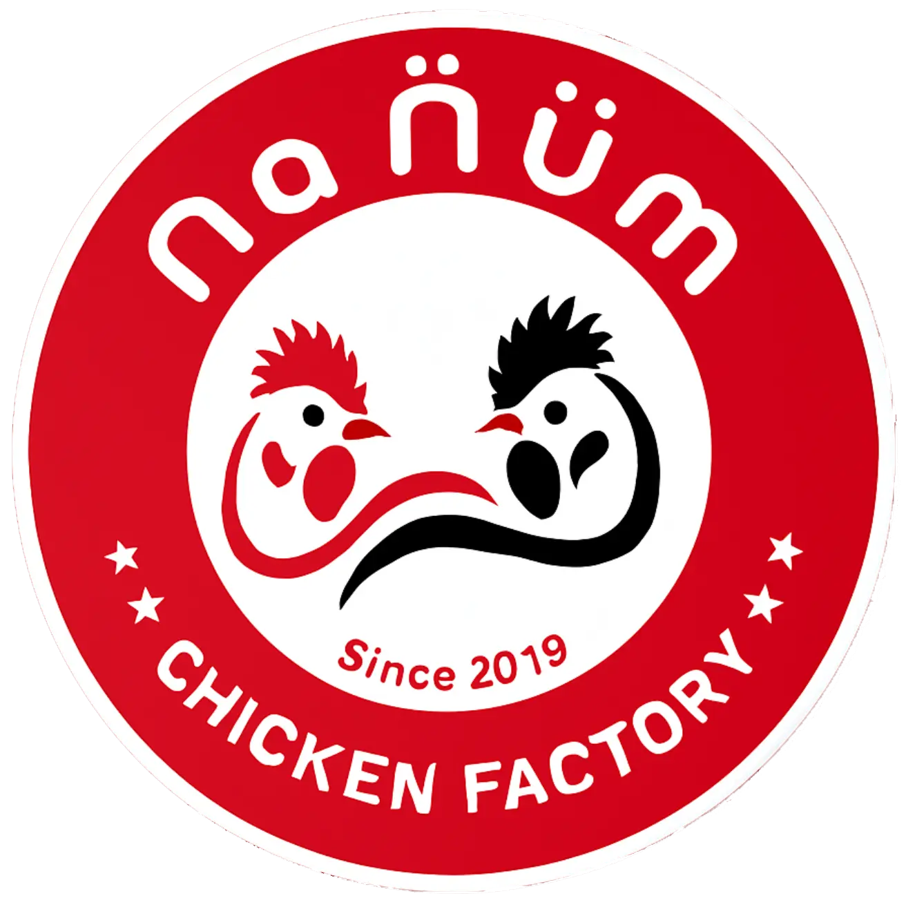 Restaurant logo featuring the store name and two facing chickens as the emblem.